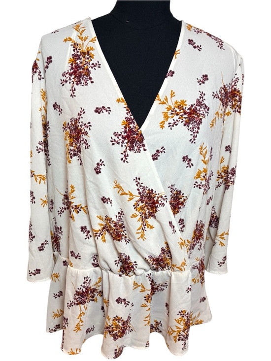 1. State Tops - 1.STATE Women’s 1X Floral Peplum Blouse White V-Neck Wrap Style 3/4 Sleeve Top
